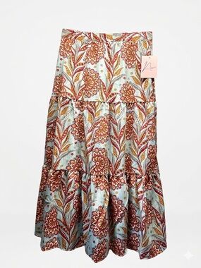 Boho Tiered Floral Maxi Skirt Light Blue, Red, & Orange Elastic Waist Size L